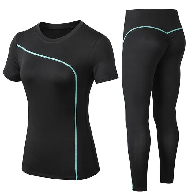 Yoga Set Quick Dry 2 Piece Female Short-sleeved long Pants